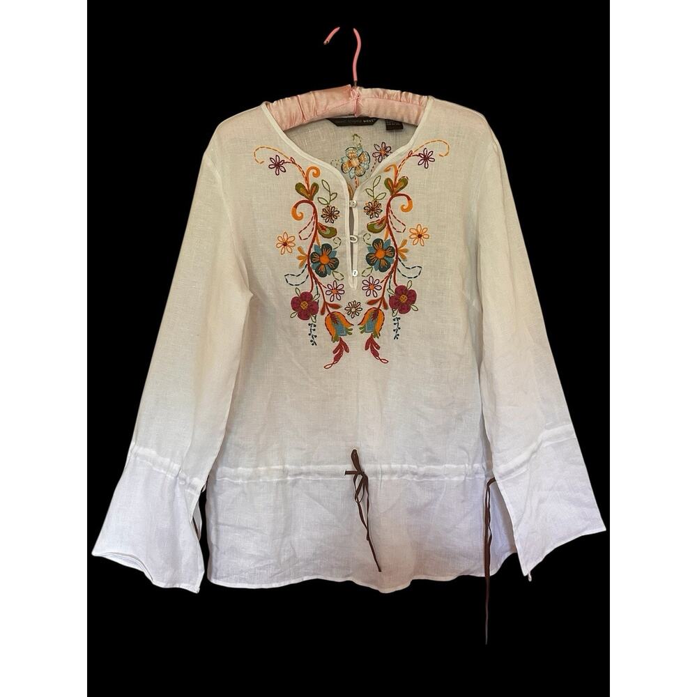 Saint Tropez West Women’s Embroidered Boho Festival Tunic Top 100% Linen Sz. XL